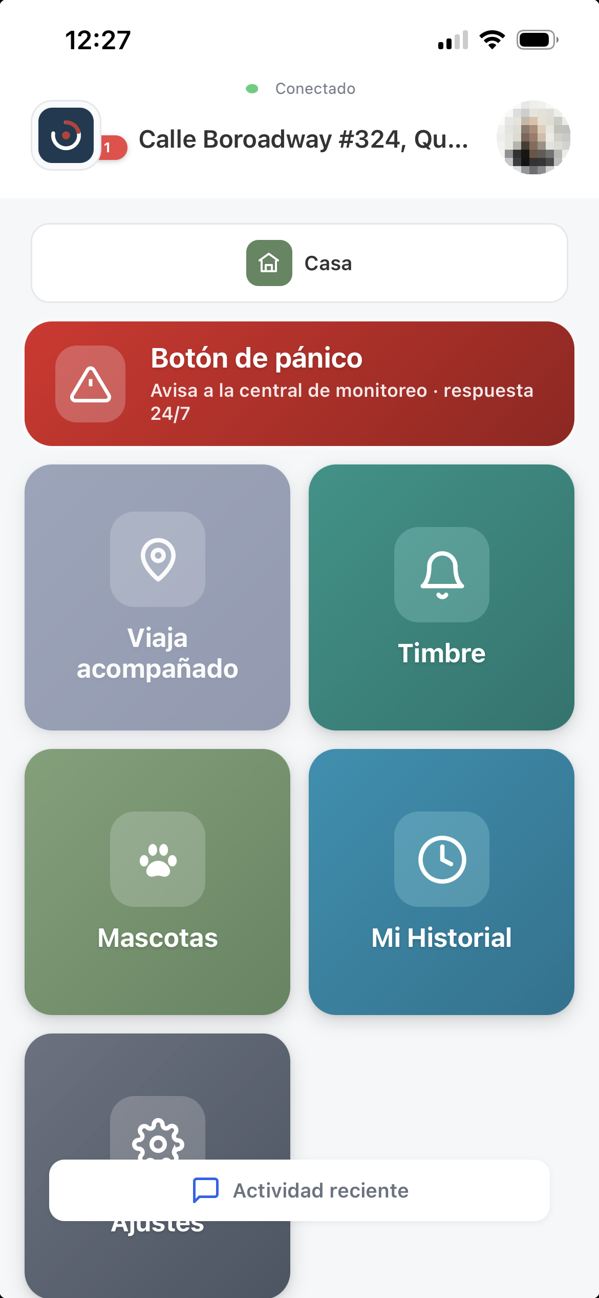 Inicio real de una cuenta de casa: bot&oacute;n de p&aacute;nico, Viaja acompa&ntilde;ado, Timbre, Mascotas, Mi Historial y Ajustes
